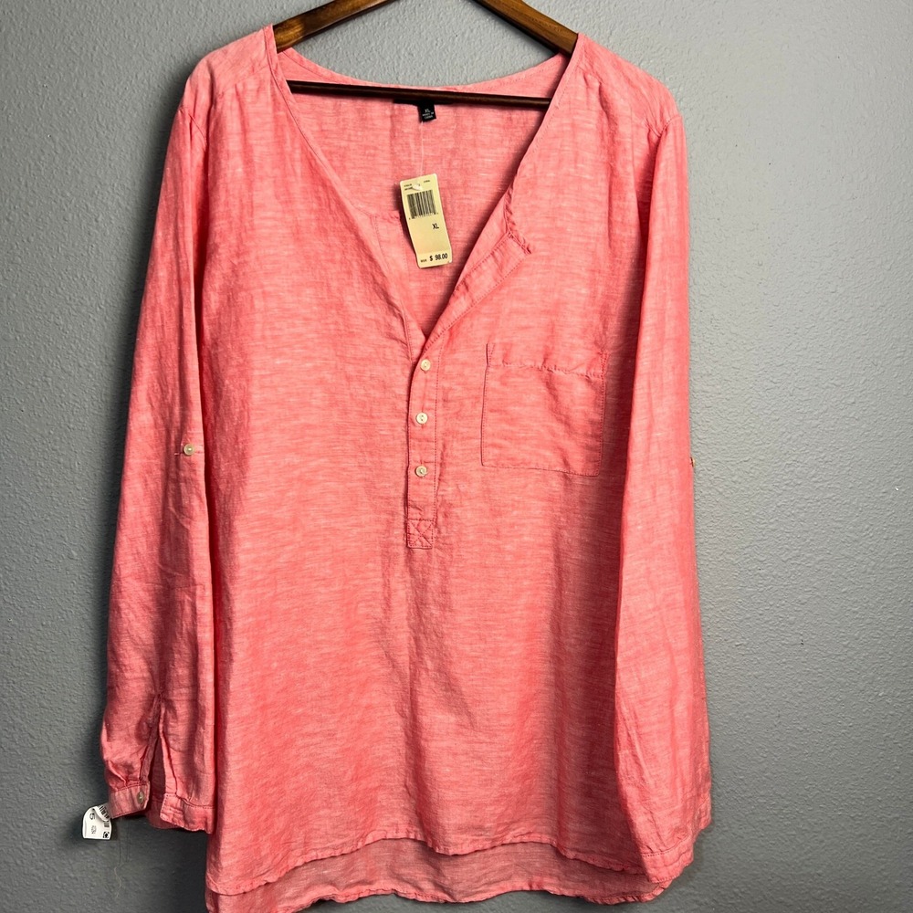Max Edition Linen Blend Lagenlook‎ Minimalist Coastal Button Up Shirt Coral XL